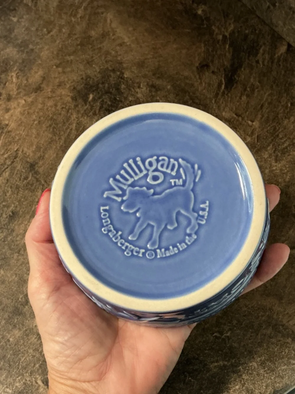 Longaberger Mulligan Blue Pottery Cat Bowl - USA